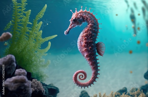 Seahorse in underwater environment and seaweed generative AI photo