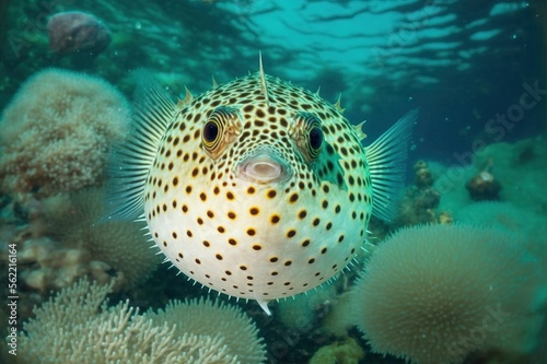 Puffer fish in coral reef generative AI photo