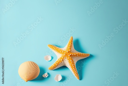 Orange star fish and seashells on pastel blue table generative AI