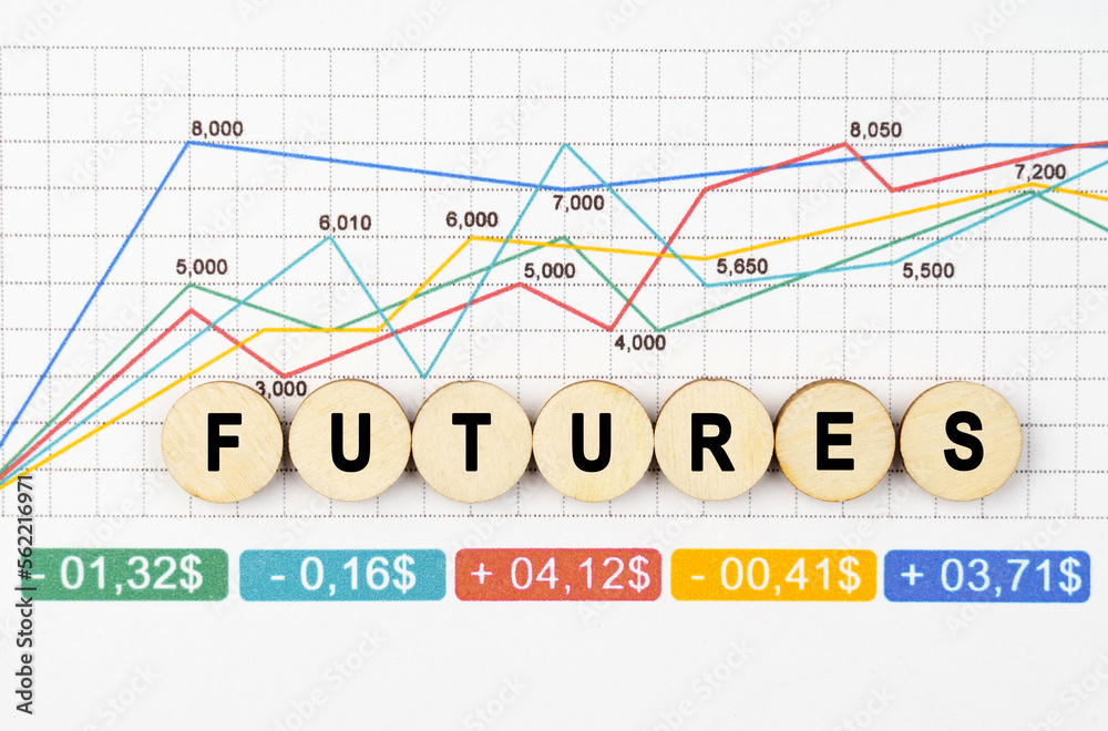 On the financial charts are wooden mugs with the inscription - FUTURES On the financial charts are wooden mugs with the inscription - FUTURES