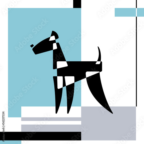 Airedale Terrier. Dog breed silhouettes. Card template. Avantgarde graphic style. Vector Illustration on a grey and blue abstract background.