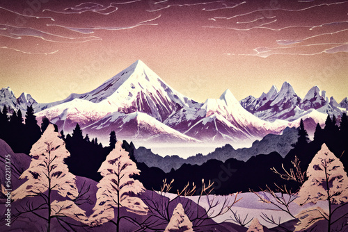 A Snow-Covered Mountain Range in Winter Time. Generative AI Illustration