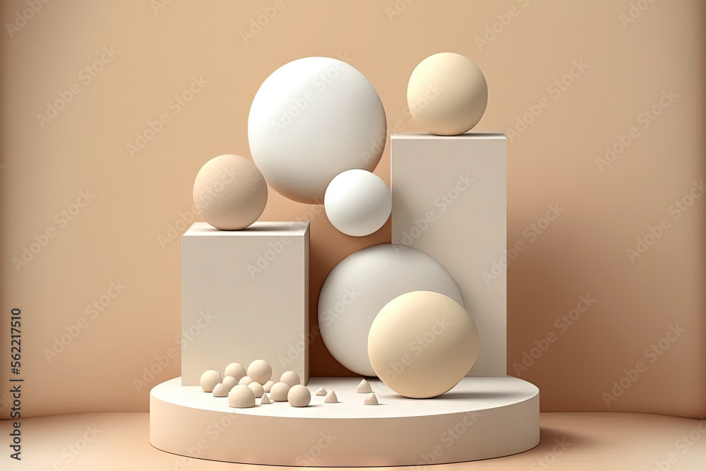 stone podium in beige. Blocks of white sandstone and a spherical on a softly shadowed natural beige stone background. Concept of a skincare commercial mock up with a store product or cosmetic display stone podium in beige. Blocks of white sandstone and a spherical on a softly shadowed natural beige stone background. Concept of a skincare commercial mock up with a store product or cosmetic display