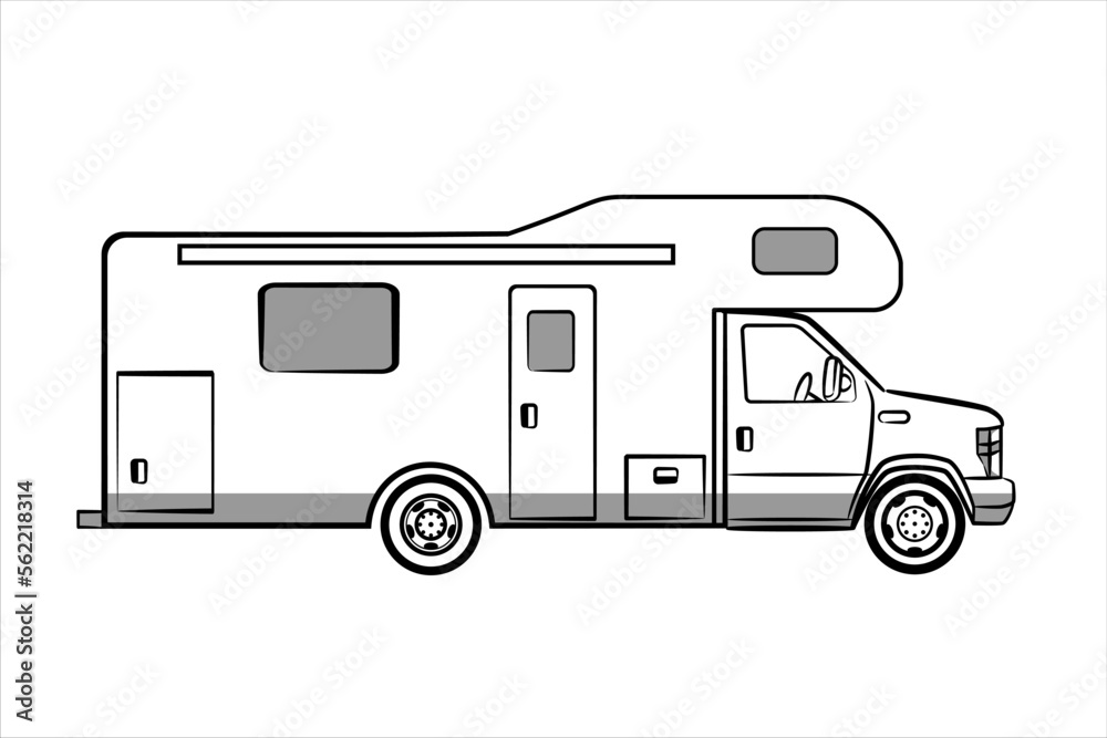 A hand drawn line art of a Camper Van. Isolated Camping Car template on white background. Outline vehicle, side view. Modern flat vector illustration. A hand drawn line art of a Camper Van. Isolated Camping Car template on white background. Outline vehicle, side view. Modern flat vector illustration.