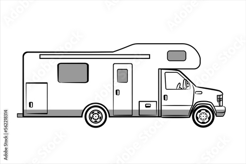 A hand drawn line art of a Camper Van. Isolated Camping Car template on white background. Outline vehicle, side view.  Modern flat vector illustration.