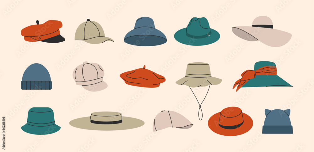 Cartoon hats. Brimmed hat panama cap beret fedora, stylish headwear accessories, doodle fancy clothing. Vector flat set Cartoon hats. Brimmed hat panama cap beret fedora, stylish headwear accessories, doodle fancy clothing. Vector flat set