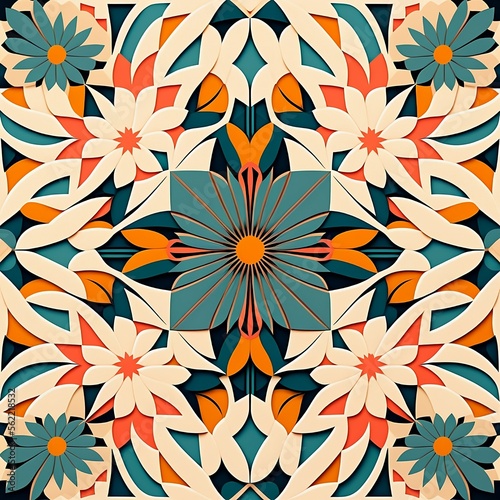 Floral geometric pattern   organic mandala  leaves and flowers  geometrical shapes  desktop walpaper  motive for background  Generative AI