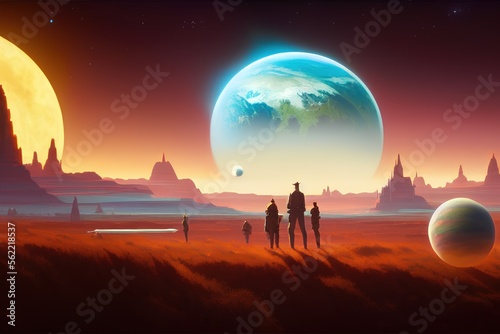 People staring at a sci-fi futuristic landscape on an alien planet with multiple moons.
