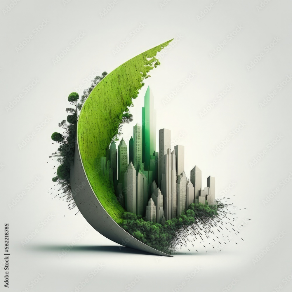 Green energy bar chart environmental sustainability concept city with