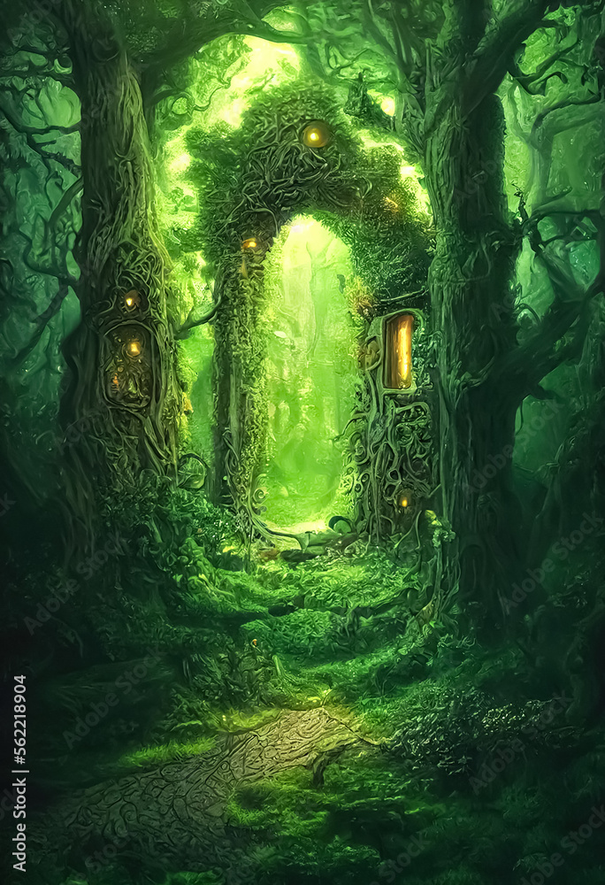 Magic teleport portal in mystic fairy tale forest. Gate to parallel fantasy surreal world. Generative AI.