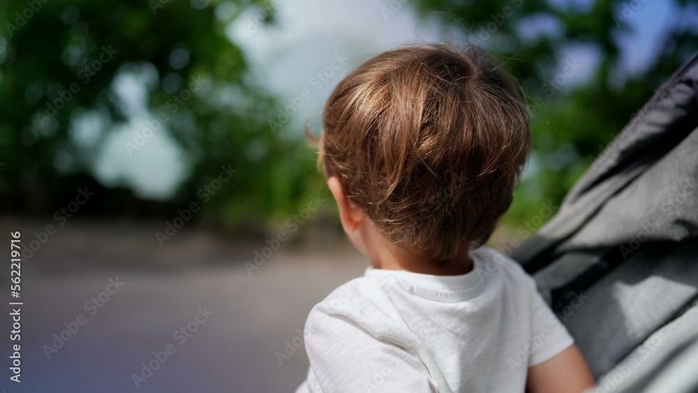 Toddler child strolling outside, baby boy inside stroller