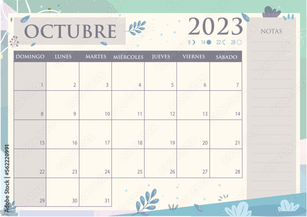 Calendario 2023 en Español - Tamaño A4 - Mes de Octubre - Spanish ...