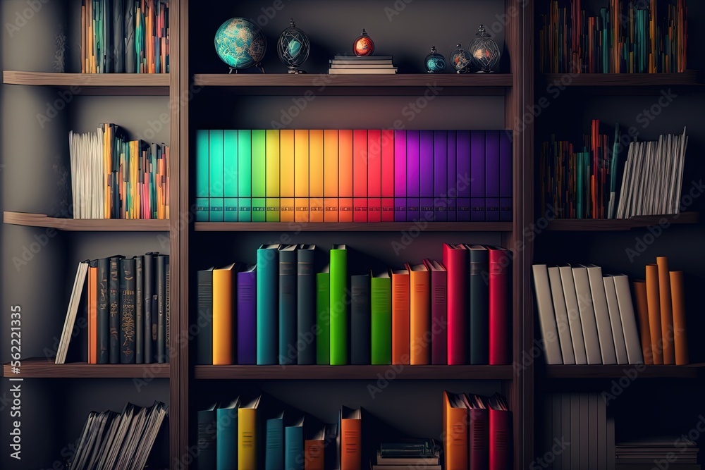 a book shelf filled with lots of books and a rainbow colored book on ...