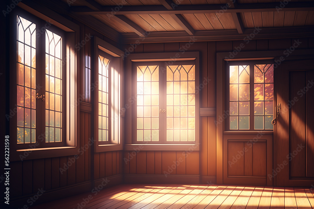 Obraz premium Beautiful fantastic background, location with wooden buildings, and rooms. Game concept, wallpaper. Generated AI.