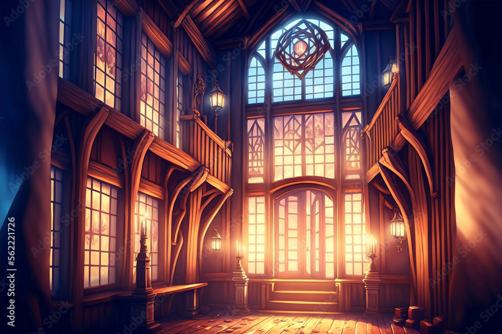 Beautiful fantastic background, location with wooden buildings, and rooms. Game concept, wallpaper. Generated AI.