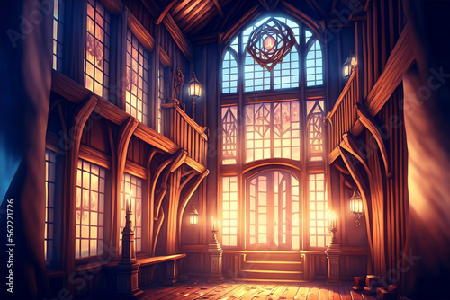 Beautiful fantastic background  location with wooden buildings  and rooms. Game concept  wallpaper. Generated AI.
