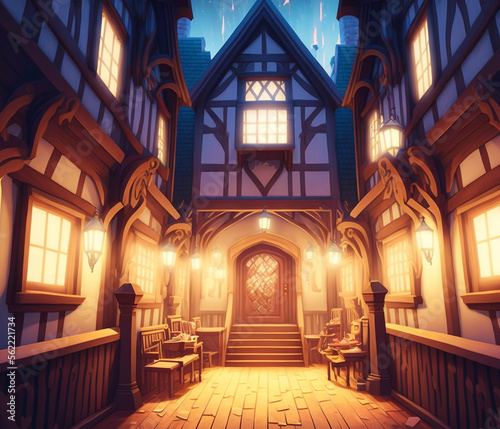 Beautiful fantastic background  location with wooden buildings  and rooms. Game concept  wallpaper. Generated AI.