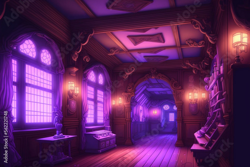 Beautiful fantastic background, location with wooden buildings, and rooms. Game concept, wallpaper. Generated AI.