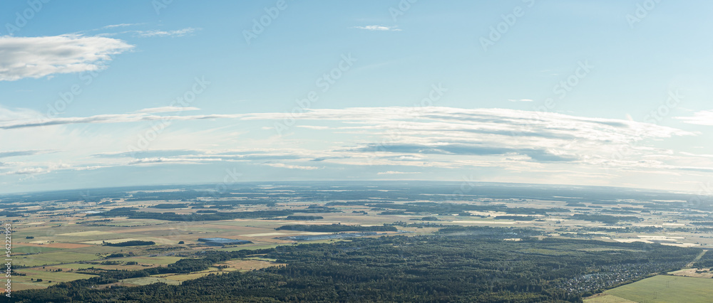 The landscape of the land of Lithuania from a bird's eye view, wide angle, visible forests and plains