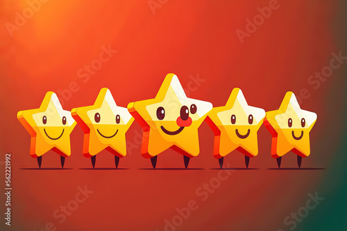 Five stars in row. Glossy yellow and red colors. Customer rating feedback concept from the client about employee of website. Abstract . Generative AI