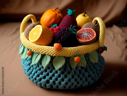 Knitted basket with fruits and vegetables. AI generation