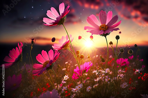 Slika na platnu beaful flowering meadow of cosmos flowers against background of pink sunset
