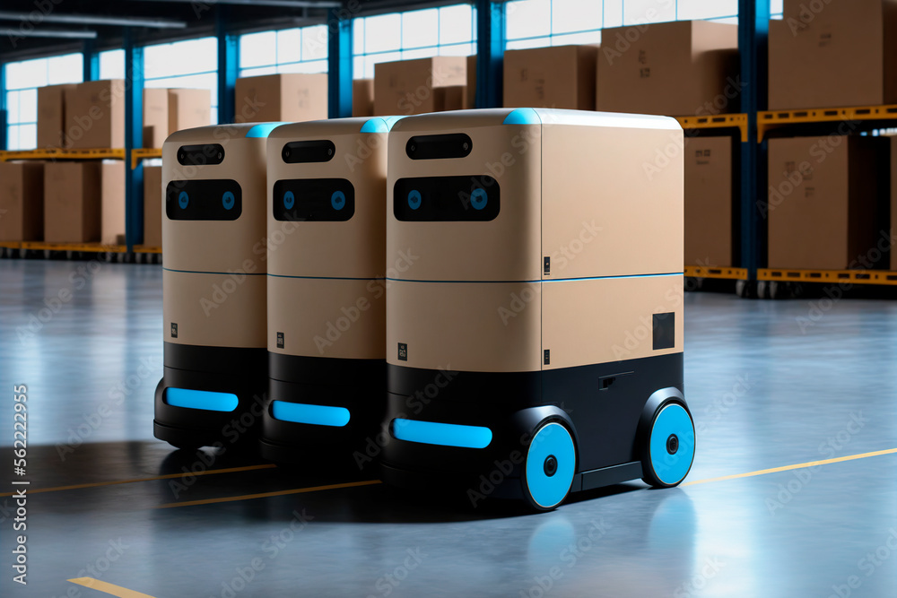 Autonomous robots moving packages. Smart warehouse with automated robots delivering orders. generative AI	