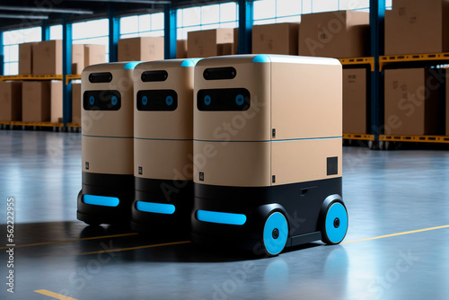 Autonomous robots moving packages. Smart warehouse with automated robots delivering orders. generative AI 