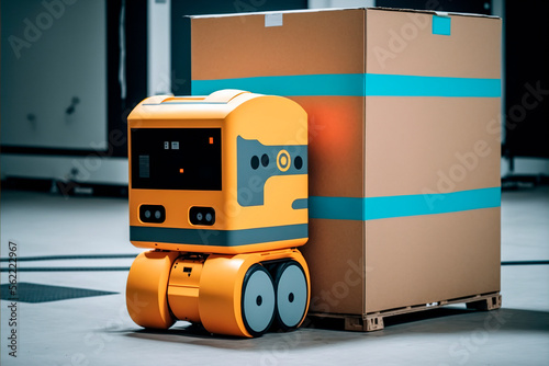 Autonomous robot moving packages in warehouse. generative AI