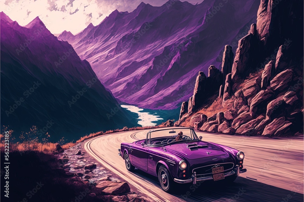  a painting of a purple convertible car driving down a mountain road with a lake in the background and mountains in the distance, with a cloudy sky above the horizon, and below, a. Generative AI 