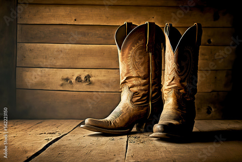 Photographie pair of worn light brown cowboy boots on wooden floor