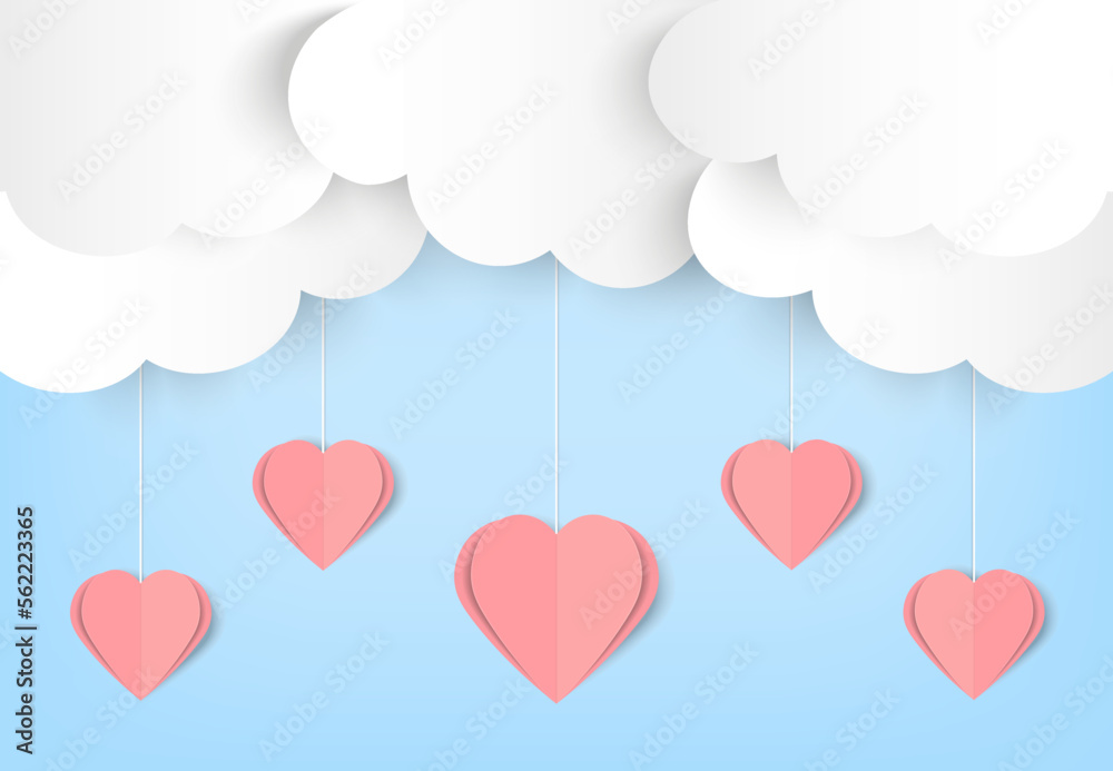Concept Valentines day,3d colorful Paper Cut Hearts With Clouds.Decorative colorful paper hearts for birthday ,valentines day,wedding.Set of 3d Paper heart for Valentines day.