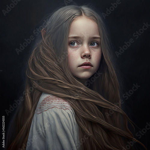 illustration of a teenager or minor child with long hair, portrait close-up of the face, adolescence and childhood. Generative AI