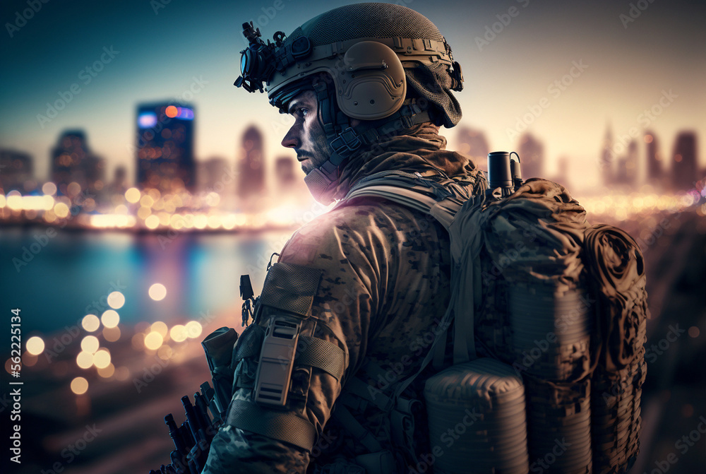 a fictional soldier in a fictional town on the horizon, guarding, observing, or invading. Generative AI a fictional soldier in a fictional town on the horizon, guarding, observing, or invading. Generative AI