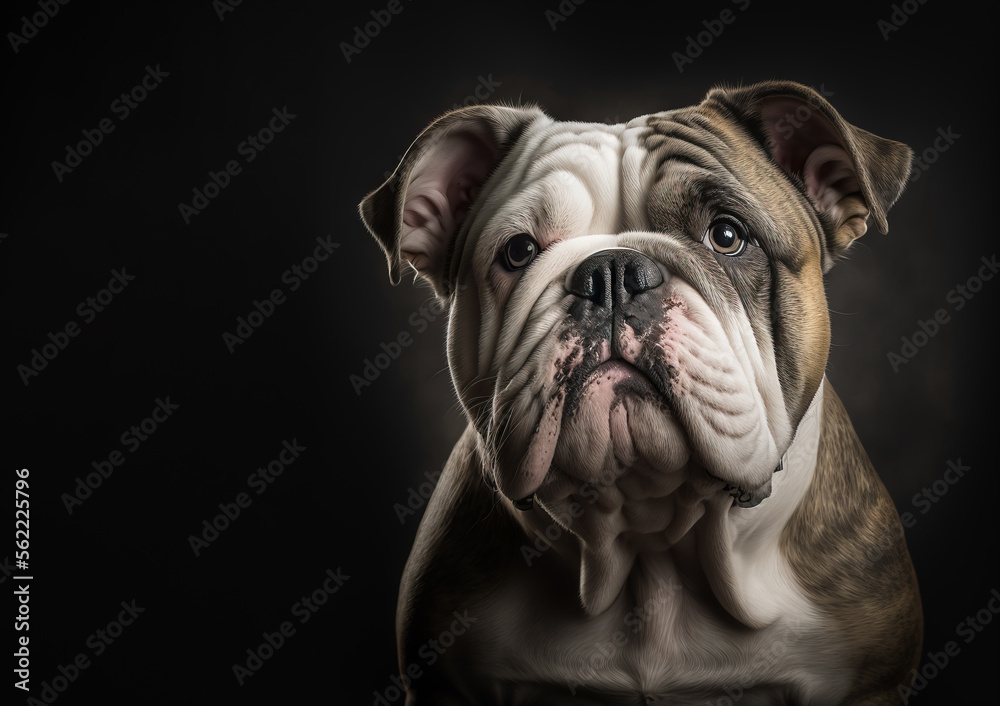 British or English Bulldog adult,  pet dog photographed on a dark background.  This image of the Bully pup with expressive eyes, the portrait was created with digital art.