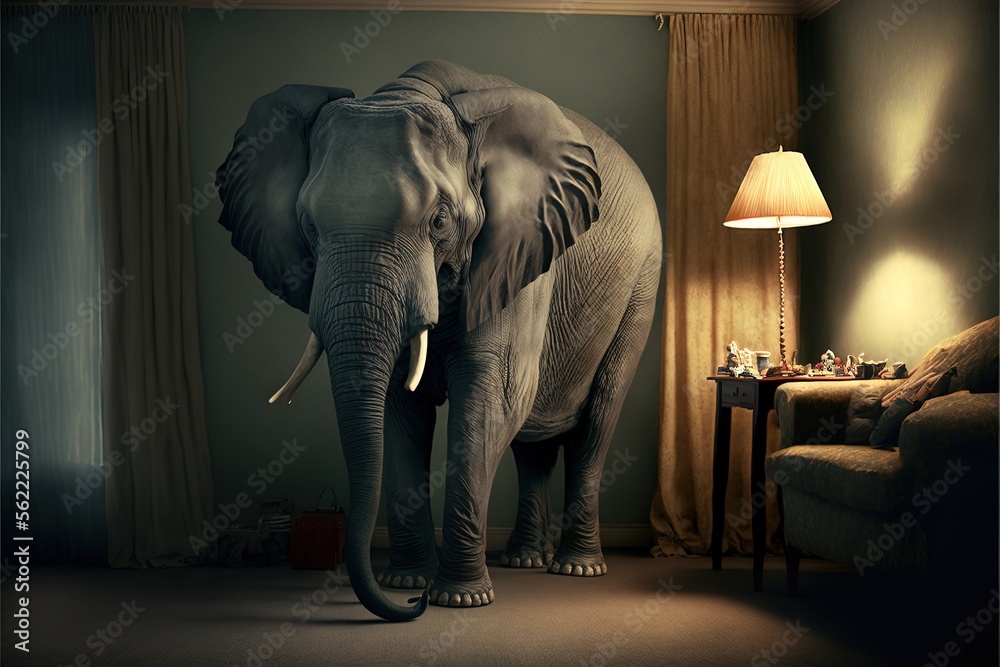  an elephant standing in a room next to a lamp and a chair with a lamp on it's side and a chair in the background with a lamp on the floor and a chair. Generative AI