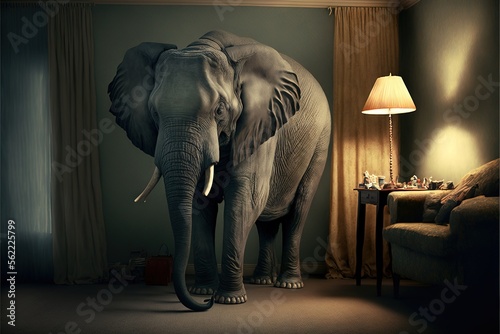  an elephant standing in a room next to a lamp and a chair with a lamp on it's side and a chair in the background with a lamp on the floor and a chair. Generative AI