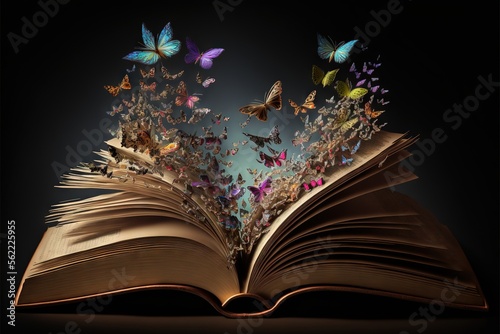  a book with butterflies flying out of it on a table top with a black background and a black background with a black background and a black background with a black border and white. Generative AI © Anna