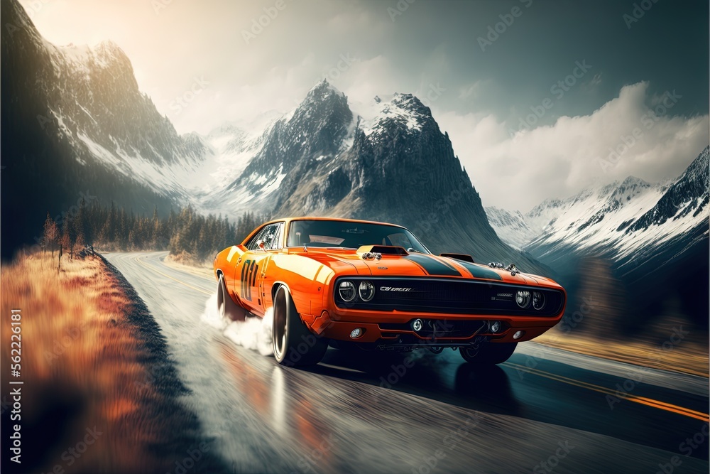  a car driving down a road with mountains in the background and clouds in the sky above it, with a bright orange car driving on a wet road with a mountain background and snow covered. Generative AI - obrazy, fototapety, plakaty 