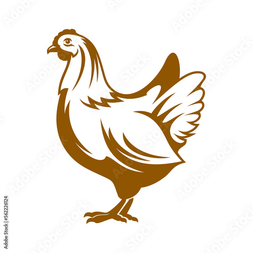 Hen icon. Chicken farm and poultry. Organic farming and agriculture vector symbol, meat and eggs products market or grocery store graphic label, icon with isolated hen bird, broiler chicken