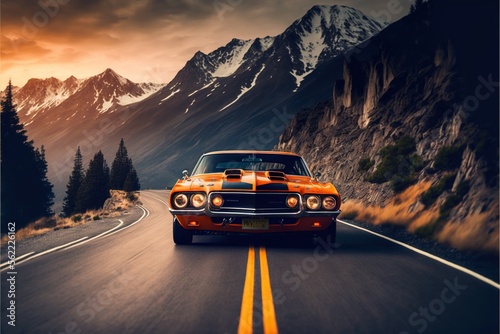 Fototapeta a car driving down a road with mountains in the background at sunset or dawn with a dramatic sky and clouds above it, with a yellow stripe on the front of the car is a