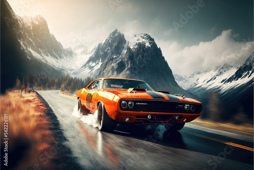  a car driving down a road with mountains in the background and clouds in the sky above it, with a bright orange car driving on a wet road with a mountain background and snow covered. Generative AI photo