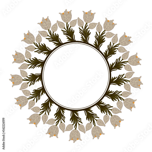 Floral Frame isolated on white background. Silhouette circle of leaves. Flora...