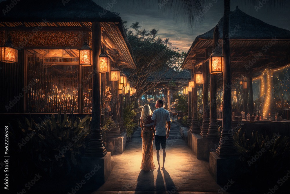 painting or drawing of a couple, a woman and a man are vacationing in a hotel complex, fictionally similar to Asian architecture, at night with romantic lighting. Generative AI