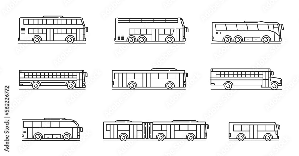 City, travel and school bus line icons. Passenger transportation, urban transport outline vector