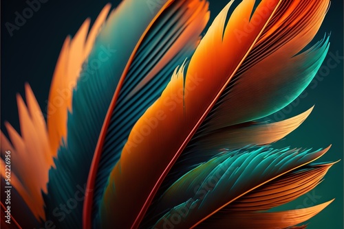  a close up of a colorful feather on a black background with a green background and a red and orange feather on the bottom of the image, with a black background and white border,. generative ai photo