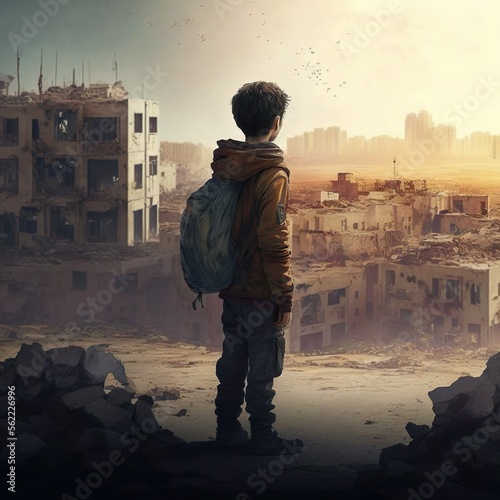 A boy looks at his house destroyed by the war. Child of war, child and war. Created with Generative AI technology