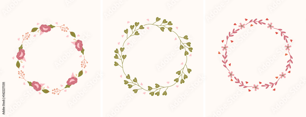 Set of minimalistic wreaths with bright flowers, leaves, hearts and space for your text. The concept of love, holidays. Composition for greeting cards, posters, banners. Vector.