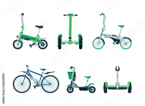 Eco friendly alternative vehicles set. Modern electric city transport, urban wheels cartoon vector illustration