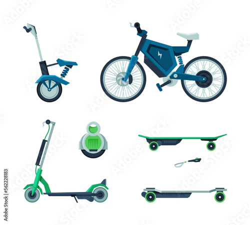 Eco friendly alternative vehicles set. Modern electric scooter, gyro board, kick scooter cartoon vector illustration
